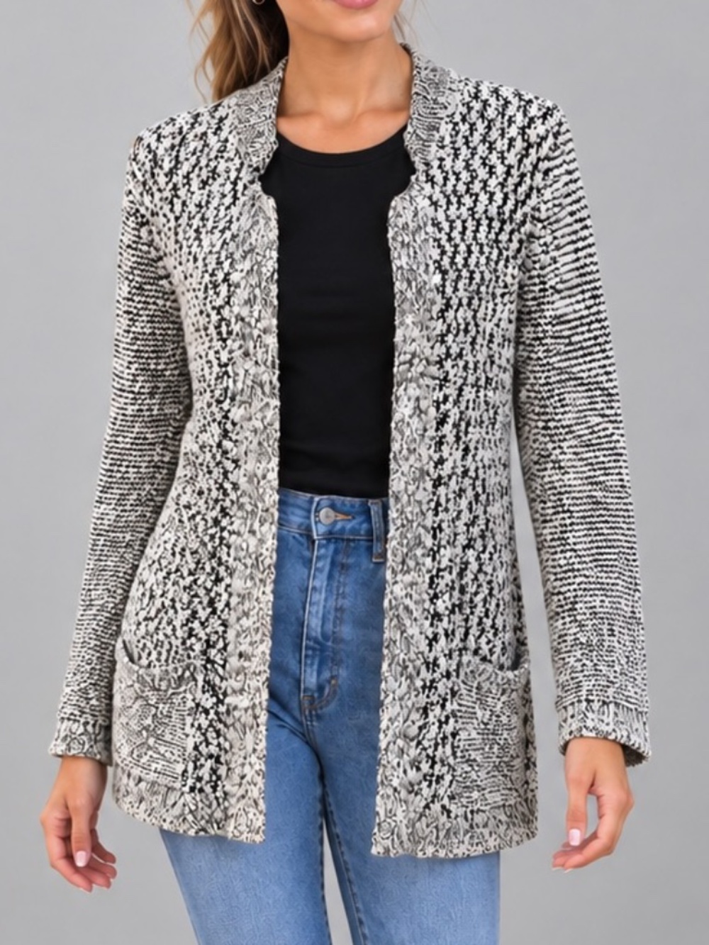 Skies are Blue Cardigan Sweater Black,Cream Marled Knit w/Pockets Size XS